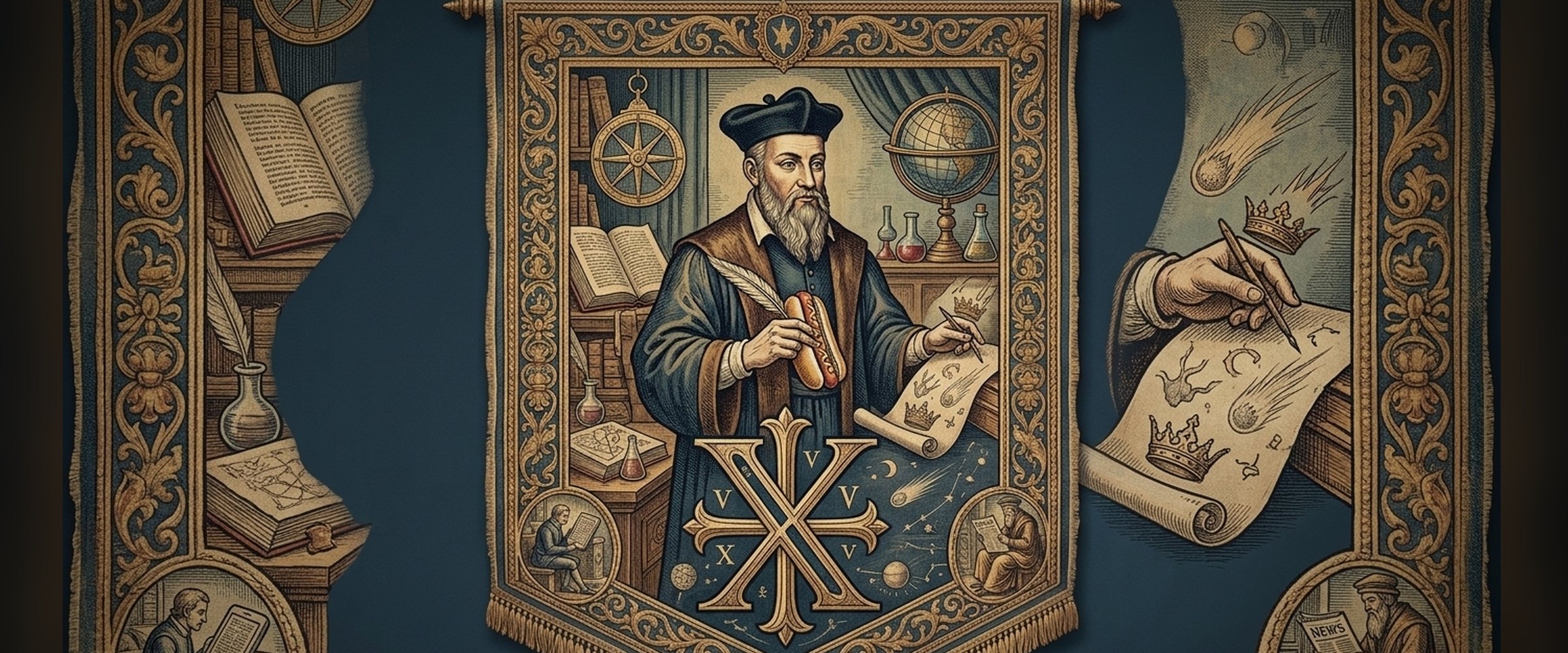 A woven tapestry of a 16th-century seer in a velvet cap holding a hotdog beside a globe, astrolabe and prophecy scroll